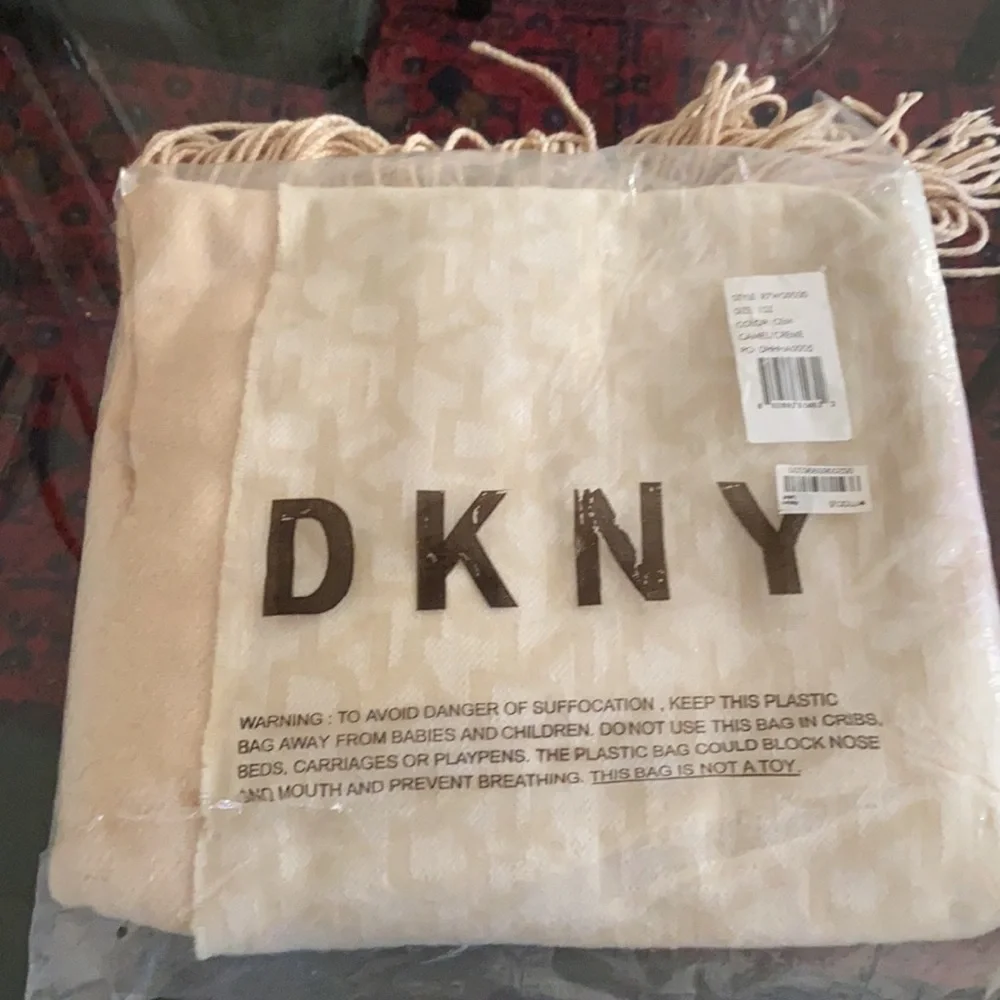 DKNY Double panel Woven Logo Wrap Scarf – Beige/Cream – Oversized 12” x 74”